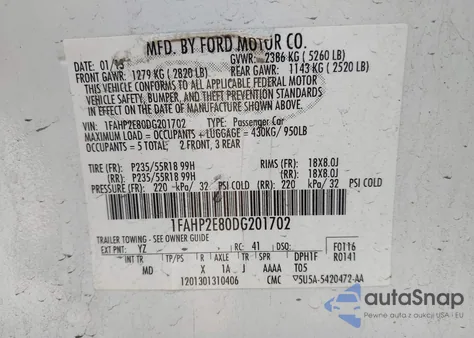 2013 Ford Taurus Sel from USA, damaged, VIN 1FAHP2E80DG201702